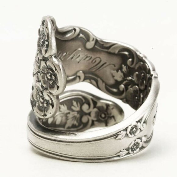 .925 Sterling Silver Flower Embellished Spoon Ring, Adjustable Size 6-11 - Picture 2 of 3